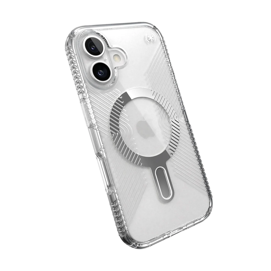 Speck | Presidio Perfect-Clear Grip MagSafe with ClickLock Apple iPhone 16 - Clear/Chrome | 150692-3199