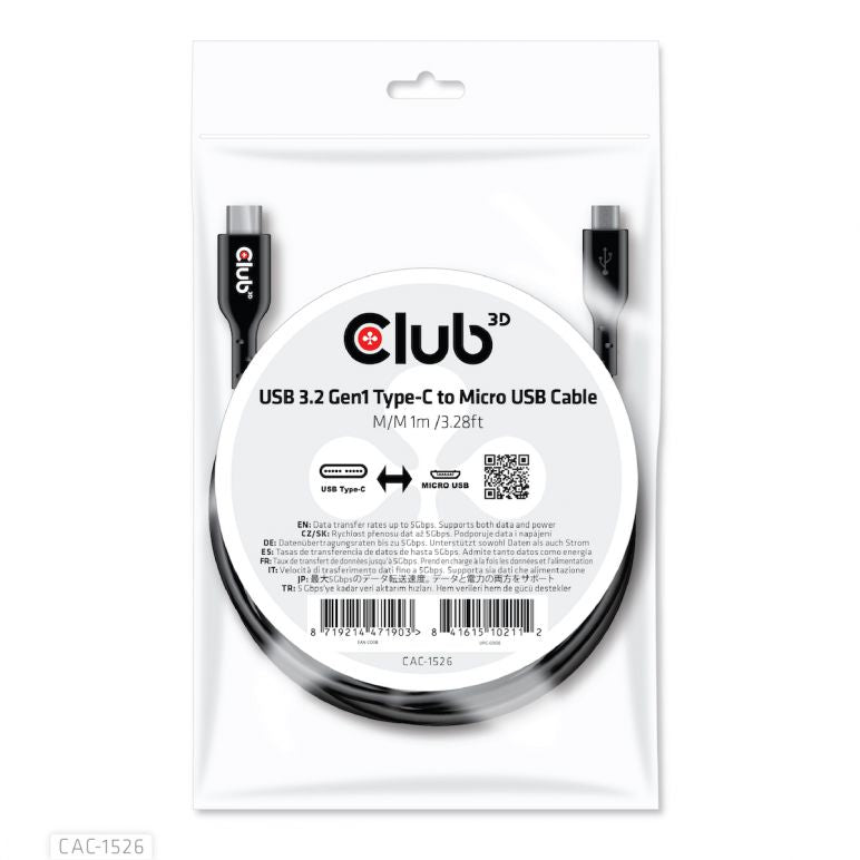 Club3D | USB-C 3.2 Gen1 to Micro USB Cable Male/Male 1m/3.28ft Black | CAC-1526