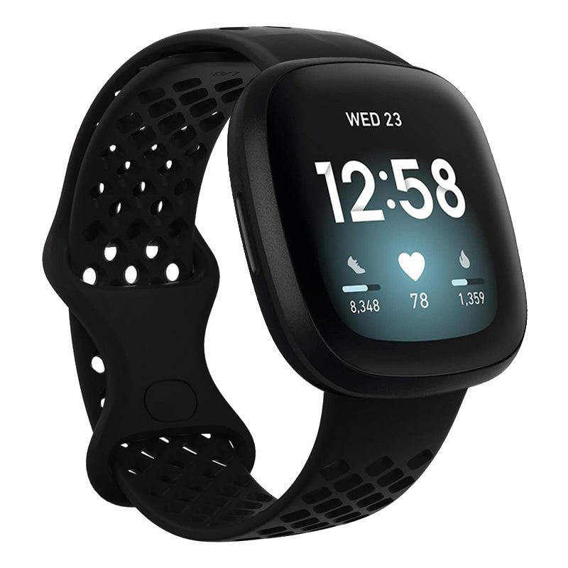 Strapsco | Fitbit Versa 3 - Perforated Rubber Infinity Band - Black - Large | V3.FB.R53.1.L