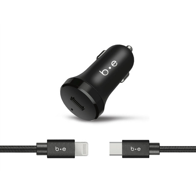 Blu Element | Car Charger USB-C Power Delivery 20W and USB-A QC 3.0 with USB-C to Lightning 4ft Cable Black | 110-3471