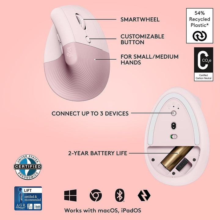 Logitech | Lift Vertical Ergonomic Mouse - Right Handed - Rose | 910-006472