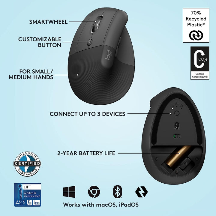Logitech | Lift Vertical Ergonomic Mouse - Left Handed - Graphite | 910-006467
