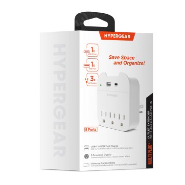HyperGear | Multi-Plug 5 Outlet Extender w/ USB-C & USB-A Ports - White | 15-12481