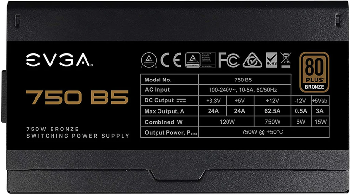 EVGA | Power Supply 750W 80 Plus BRONZE Fully Modular | 220-B5-0750-V1