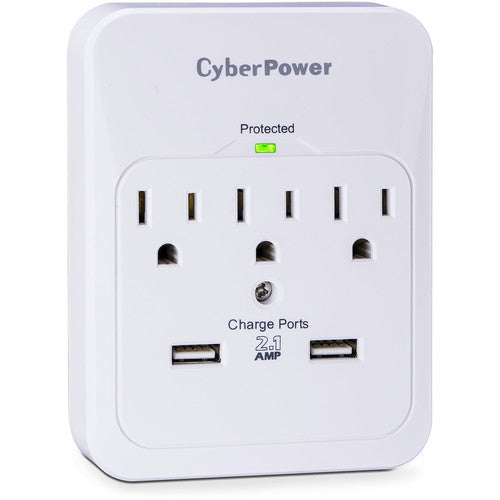 Cyberpower | 2-2.1A USB PORTS 3 OUTLETS WALL TAP PLUG 600 JOULES $50K CEG Brown Box
