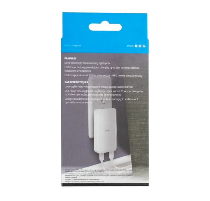//// LOGiiX | Power Plus Slim Duo - Wall Charger 65W - White | LGX-13659