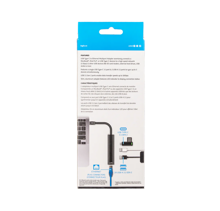 LOGiiX  | Multiport Slim Hub USB-C to 2x USB-A 1x USB-C 1x Ethernet - Graphite Grey | LGX-13542