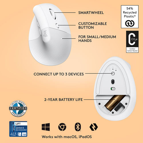 Logitech | Lift Vertical Ergonomic Mouse - Right Handed - White | 910-006469