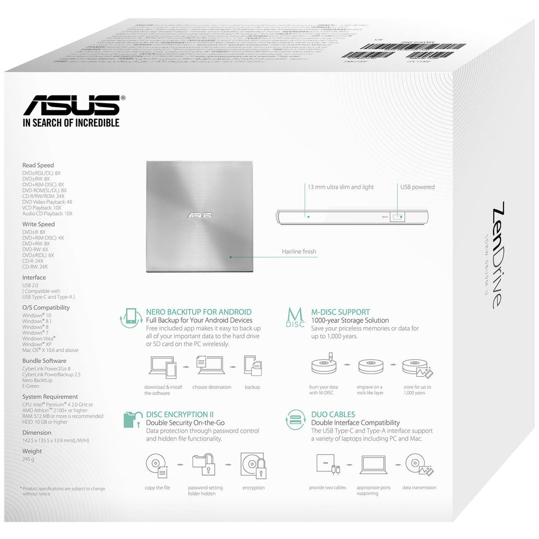 Asus | EXT DVD WRITER USB-C - Grey | SDRW-08U9M-U/SIL13MM