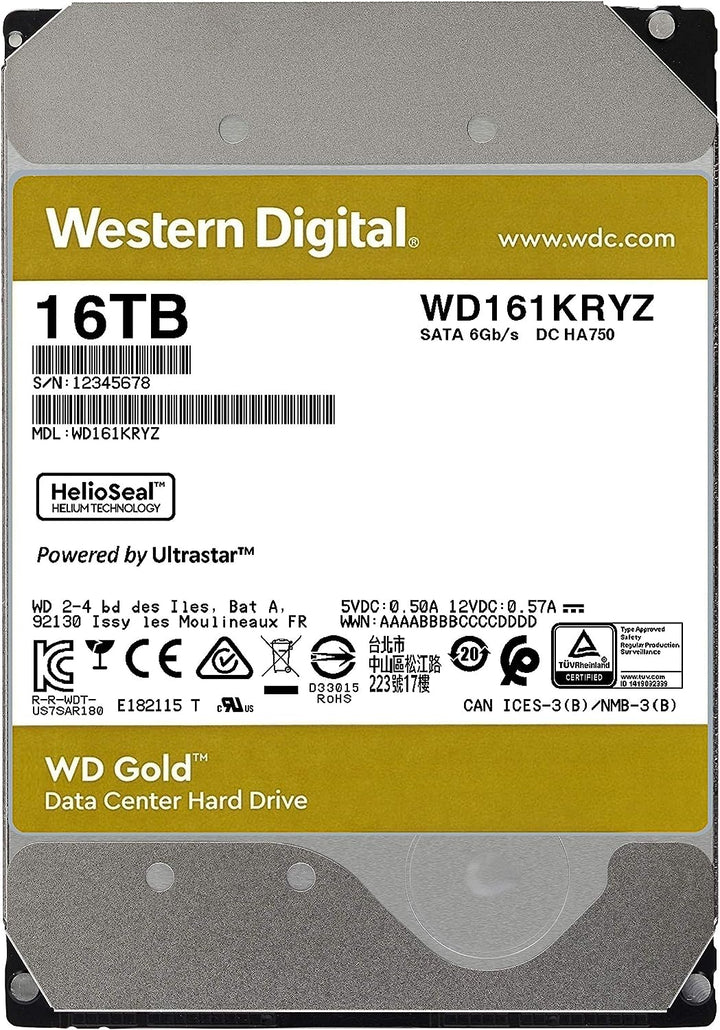 WD | Gold 16TB Enterprise Class Hard Disk Drive - 7200 RPM Class SATA 6Gb/s 512MB Cache 3.5 Inch - WD161KRYZ