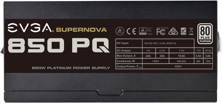 EVGA | Power Supply 210-PQ-0850-X1 850 PQ 850W 80+PLATINUM ECO Mode PCI Express | 210-PQ-0850-X1