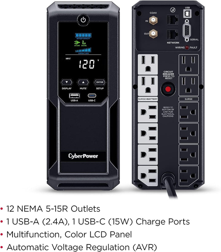 Cyberpower | UPS 1500VA/900W Line Interactive, Mini-tower, 12 Outlets, AVR, LCD, USB Charging, 3 Yr Warrant | CP1500AVRLCD3