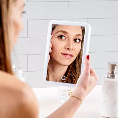 iHome | Portable Rechargeable Lighted Vanity Mirror with Bluetooth Speaker | iCVBT1WC