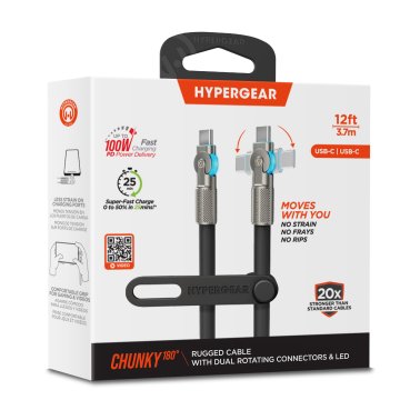 HyperGear | Rugged Cable w/Rotating Connectors USB-C to USB-C Chunky 180W 12 FT 360cm - Black 100W 16225