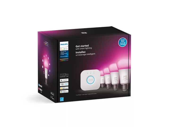 Philips Hue | Ambiance Starter Kit - Smart LED Bulb A19 - Warm-to-Cool White & Colour - 4PK + Hue Bridge |  6954182