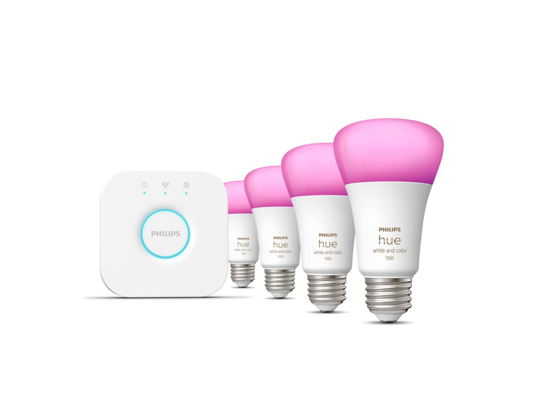 Philips Hue | Ambiance Starter Kit - Smart LED Bulb A19 - Warm-to-Cool White & Colour - 4PK + Hue Bridge |  6954182