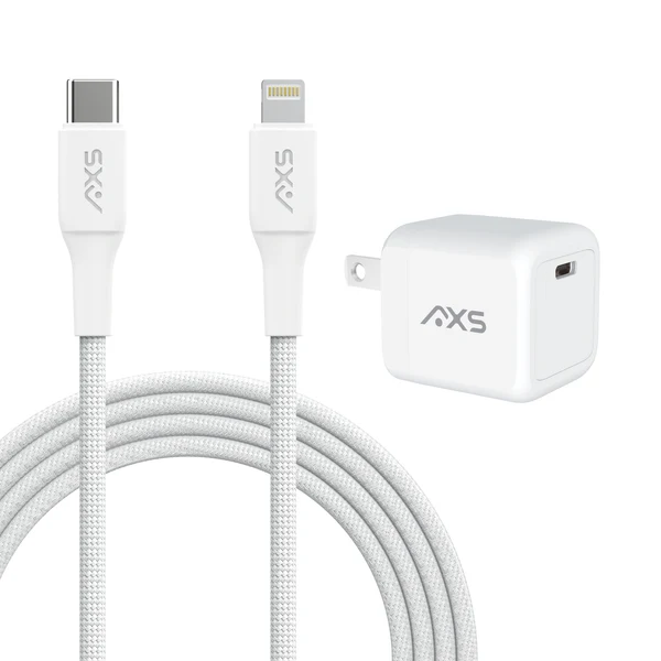 AXS | PROCharge GRS USB-C PD GaN Wall Charger with USB-C to Lightning Braided Cable 30W - White | HOMEPDBC30W