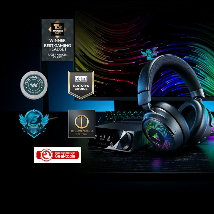 Razer Renewed | Kraken V4 Pro Wireless Gaming Headset Wireless Bluetooth USB 3.5 mm Super Wideband Mic - For PC, Mac, PS5, Nintendo Switch, Steam Deck, Smartphone - Black | RZ04-05160100-R3UR | 60 DAYS WARRANTY
