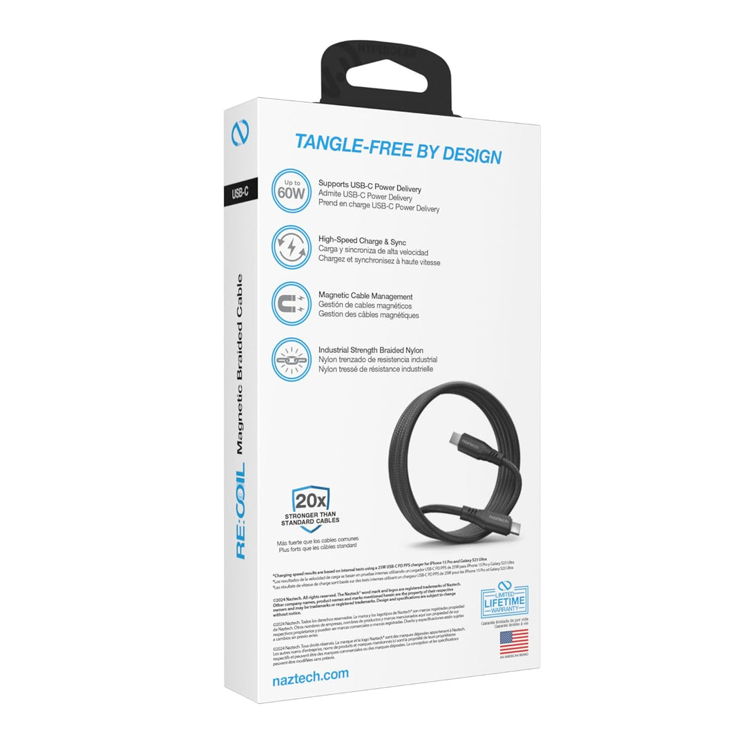 /// Naztech | ReCoil USB-C to USB-C Magnetic Braided Cable 6FT  - 100W Black | 15-13933