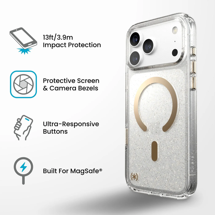 Speck | Presidio Lux Glitter MagSafe iPhone 18 Pro Max Case - Gold Glitter |  151118-9221