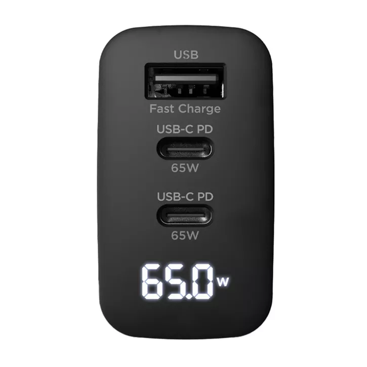 HyperGear | Multi Port Dual USB-C + Single USB-A Wall Charger Travel Hub w/ LCD Screen 65W - Black | 16299HIT