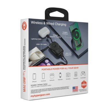 HyperGear | Grip Go Wireless Charging Portable Power Bank  5000mAh Mag w/built in Cable - Black LP | 16251