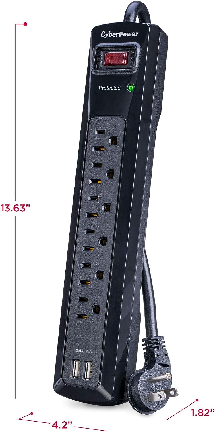 Cyberpower | Pro Series 6-Outlet 4Ft 125V and Dual USB 2.1A Surge Protector  | CSP604U