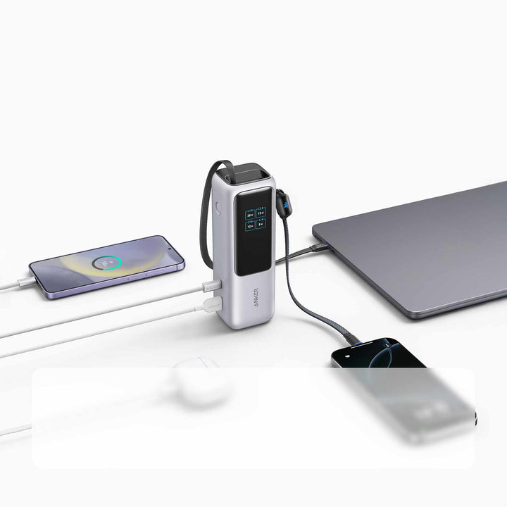 Anker | 25000 mAh Power Bank 165W with Built-In USB-C and Retractable Cable - Silver | A1695H415