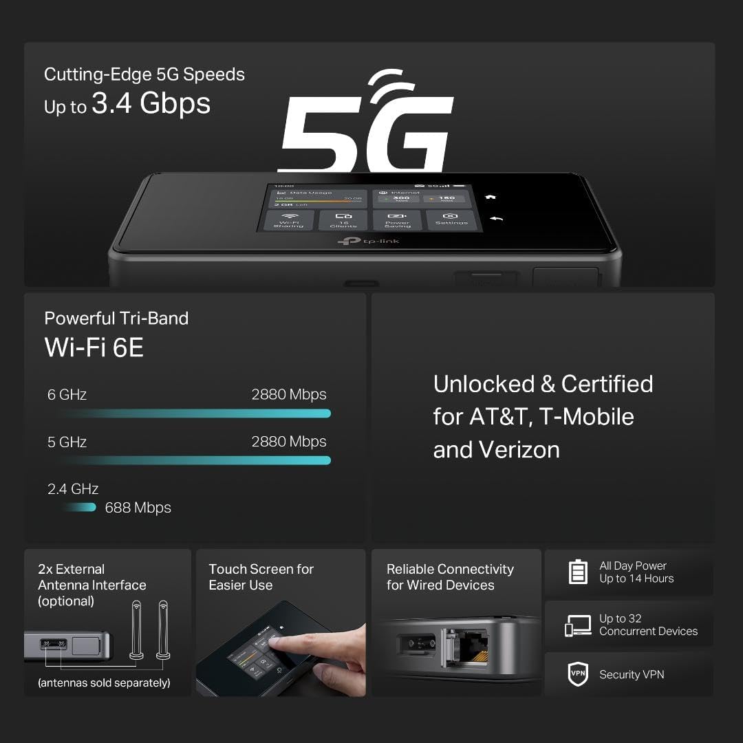 TP-Link | 5G Cellular Router WiFi 6E AXE3600, 5G/4G LTE, Tri-Band, Touchscreen, 2.5Gbps LAN/WAN Port - Black | M8550