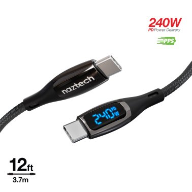 Naztech | DigiWATT 240W USB-C to USB-C Digital Fast Charge Cable with LED Power Display 12FT - Black | 15-14055