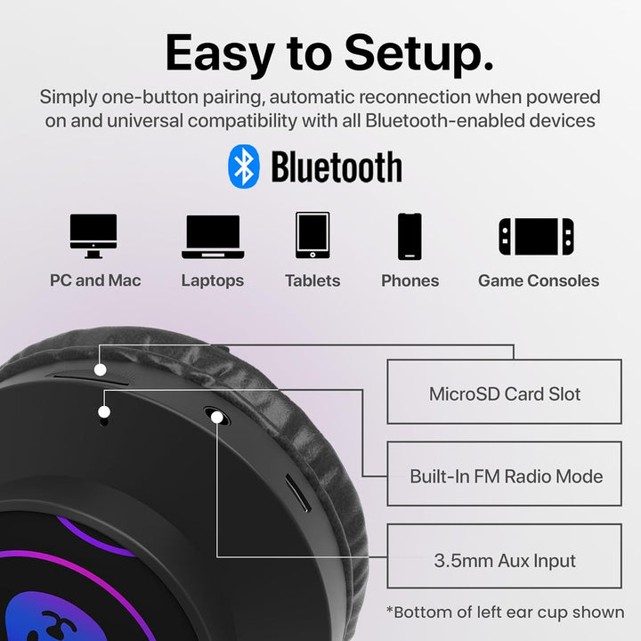 HyperGear | Headphones Bluetooth Bunny Tracks Built in Mic Soft Memory Foam Ear Cushions Foldable Design 10hr Play Time – Black | CUST-DTIPADMINI3-RYL