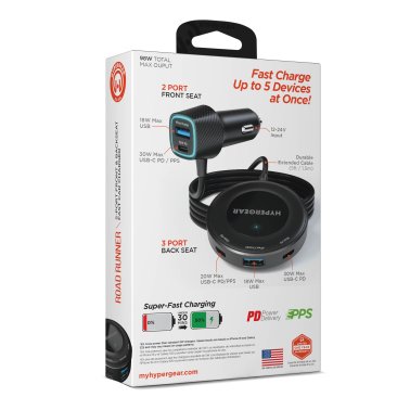 HyperGear | Road Runner PD PPS 5-Port Front + Backseat Fast Car Charger 98W - Black | 16352