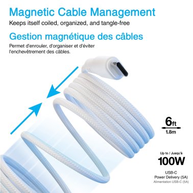 Naztech | ReCoil USB-C to USB-C Magnetic Braided Cable 6 ft (180cm) - White | 15-13934