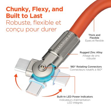 HyperGear | Rugged Cable w/Rotating Connectors USB-C to USB-C Chunky 100W 12FT 360cm - Orange | 16234