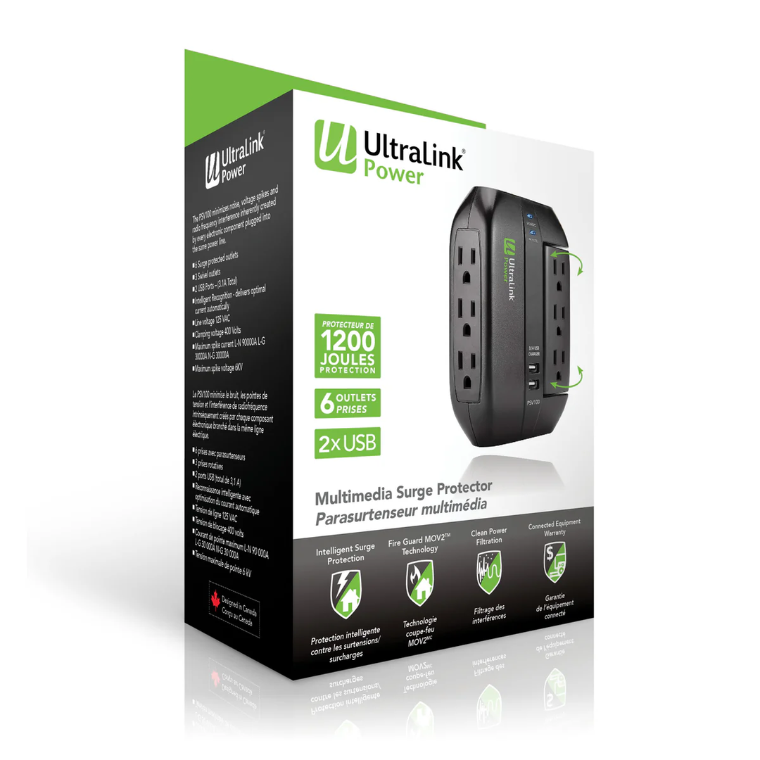 Ultralink | Surge Protector 6 Outlet 2 USB 3.1A - Black | PSV100