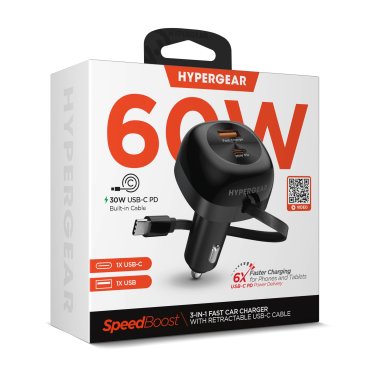 HyperGear | SpeedBoost 30W 3-in-1 Fast Car Charger CLA with Retractable USB-C PD Cable | 16250