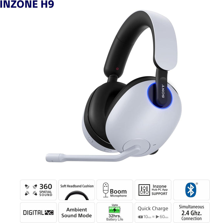 Sony | INZONE H9 Wireless Over-Ear Gaming Headset with 7.1 Surround Sound For PC, PS5 & Mobile - White | WHG900N/W.WHITE