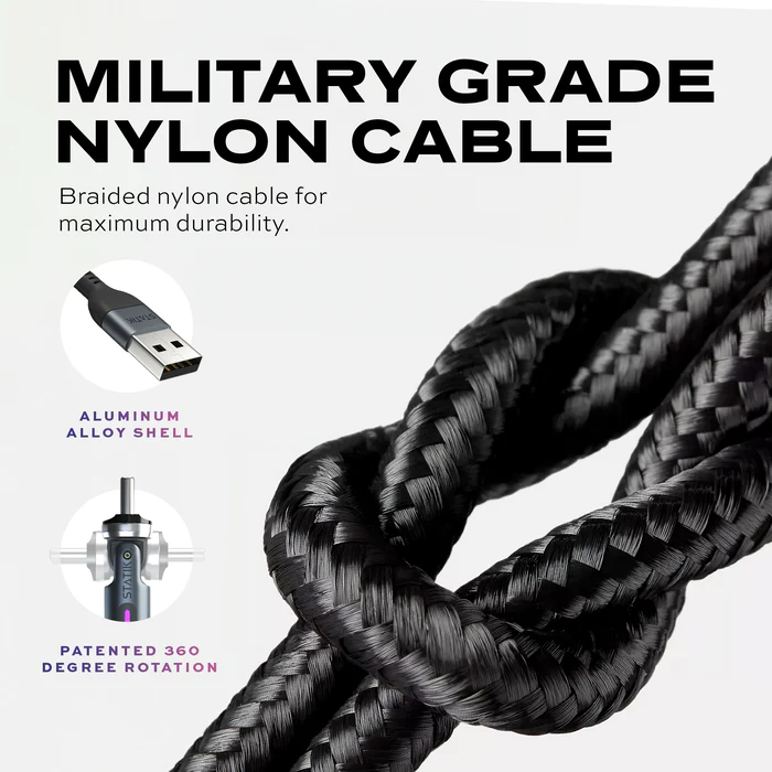 Statik | PowerPivot Nylon Braided 3ft Cable USB-A to USB-C - Black | PUP-0450-3FT-AC
