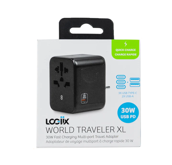 LOGiiX | World Traveler XL - Travel Adapter 30W - Black | LGX-13446