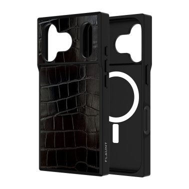 FLAUNT | Square Faux Leather MagSafe iPhone 17 Pro Case - Black Crocodile | FT057346