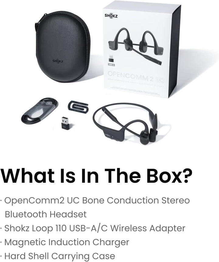 Shokz | OpenComm2 UC Bluetooth Headset With Boom Mic & USB-A Dongle - Black | C110-AC-BK-CA-153