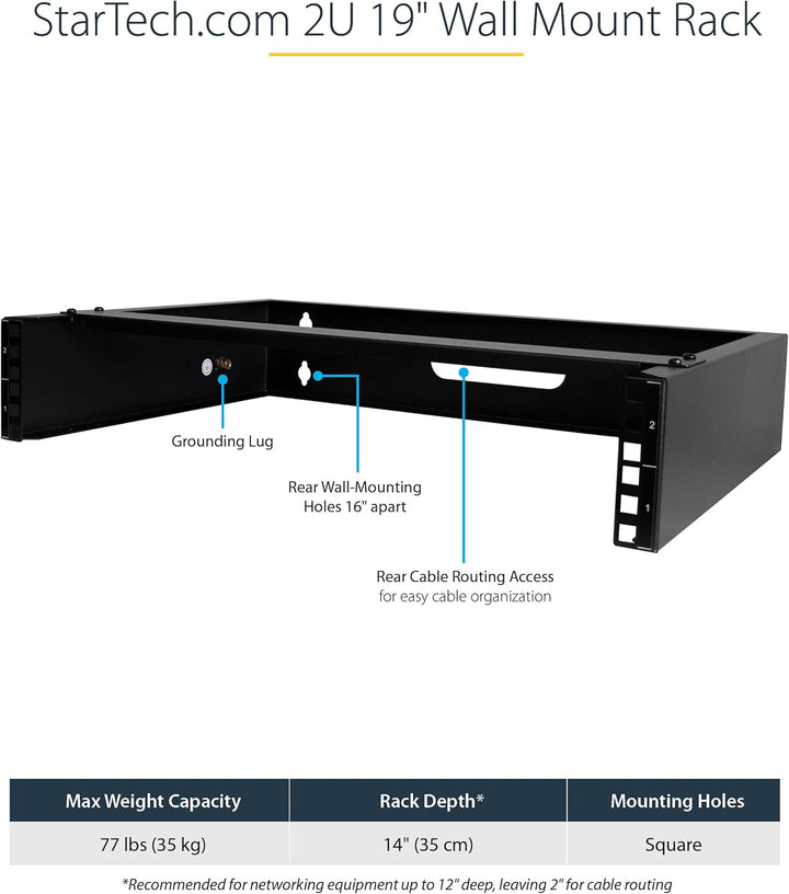 StarTech | 2U Wall Mount Rack 19" Wall Mount Network Rack 14" Deep - Black | RACK-2U-14-BRACKET