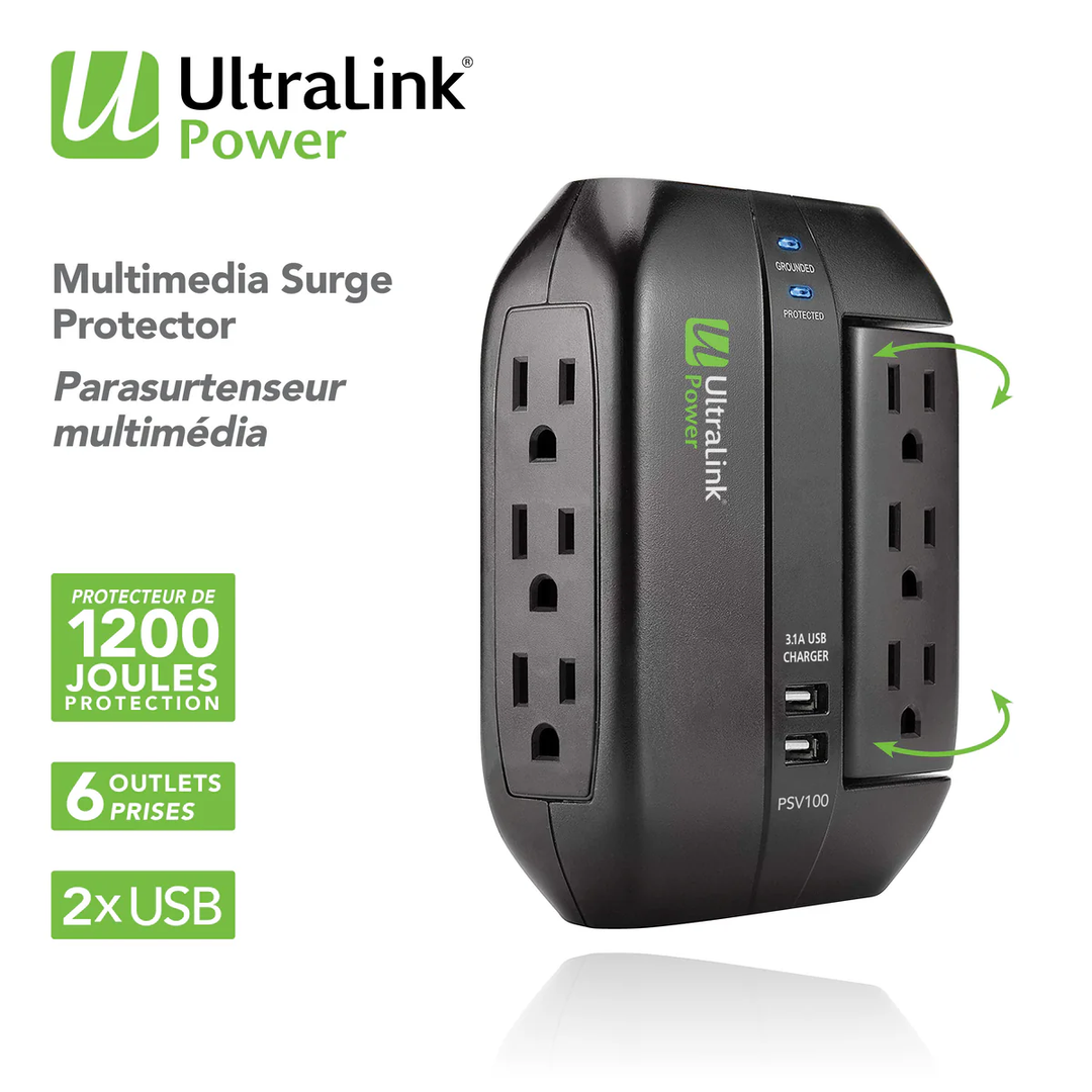 Ultralink | Surge Protector 6 Outlet 2 USB 3.1A - Black | PSV100