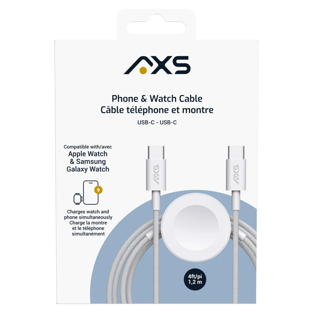 AXS | PROCharge Phone & Apple and Samsung Watch Braided Cable Charger (1.2M) - White/Grey | CABRW1CWG