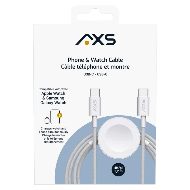 AXS | PROCharge Phone & Apple and Samsung Watch Braided Cable Charger (1.2M) - White/Grey | CABRW1CWG