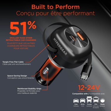 HyperGear | SpeedBoost 30W 3-in-1 Fast Car Charger CLA with Retractable USB-C PD Cable | 16250