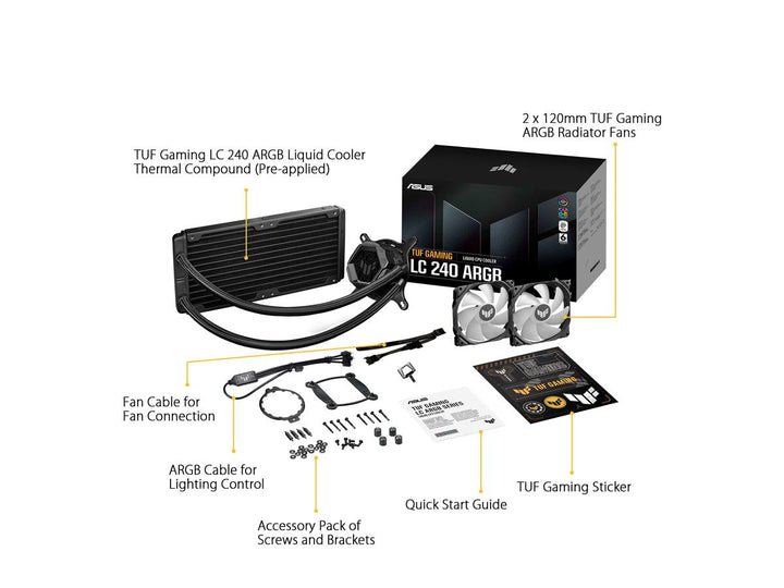 Asus | Fan TUF Gaming LC 240 ARGB AIO Liquid CPU Cooler (Aura Sync, Dual TUF 120mm ARGB Fans w/ Groove Design) | TUF GAMING LC 240 ARGB