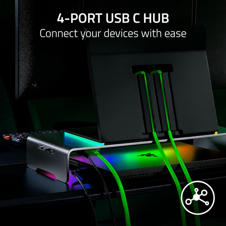 Razer | Monitor Stand Chroma: 4 Port Hub USB A 3.2, USB C 3.2, HDMI 2.0 Ergonomic Height - Black | RC21-02320100-R3U1