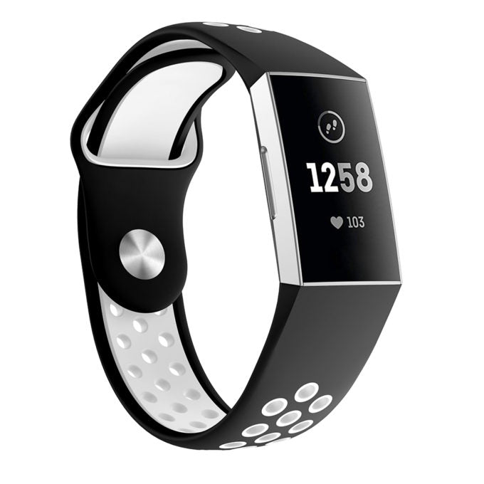 Strapsco | Fitbit Charge 3/4 - Perforated Rubber Band - Black/White - Small | FB.R34.1.22.M
