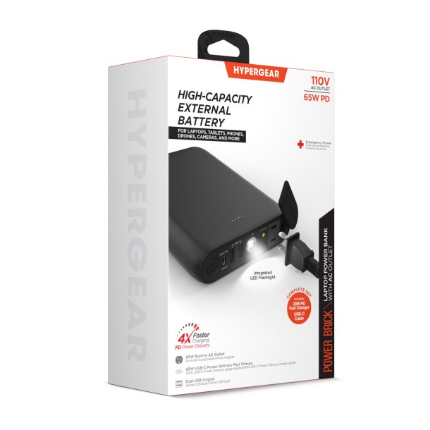 HyperGear | High Capacity External Battery Outlet Power Brick Laptop Bank 24,000mAh 65W USB-C + A/C | 15695